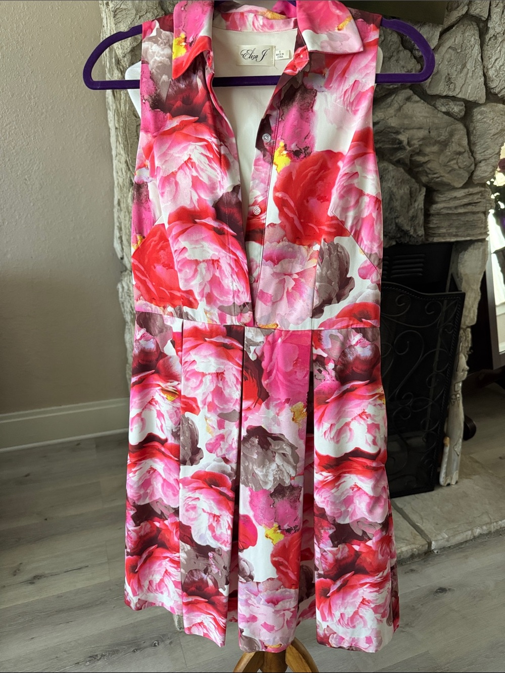 Eliza J Pink Red Floral Sleeveless Fit-and-Flare Dress
